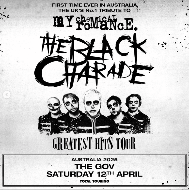 Five band members in skull face paint and dark clothing posed for My Chemical Romance's greatest hits tour poster.
